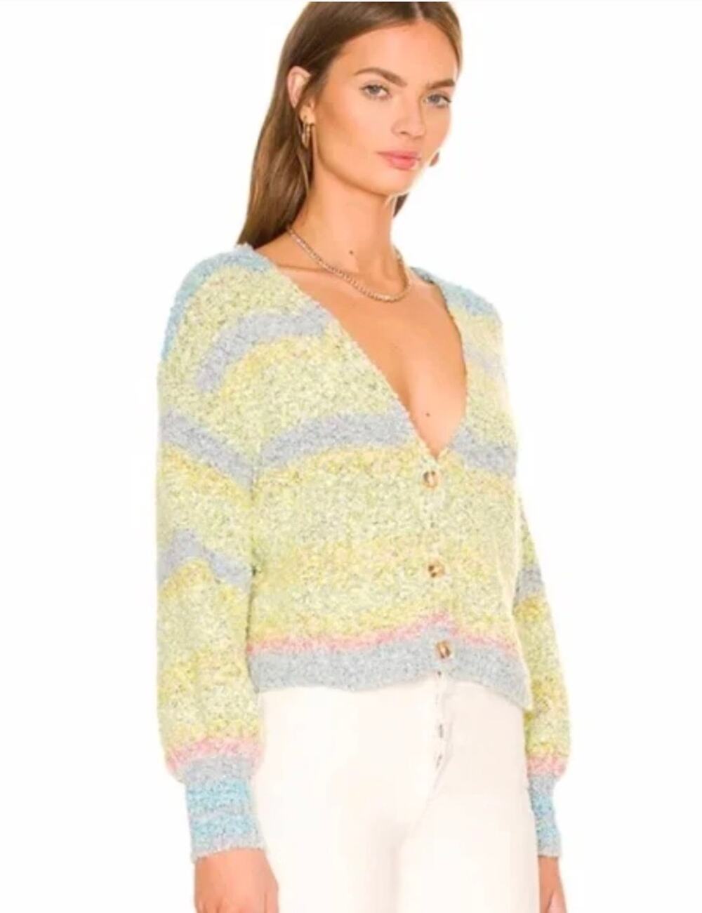 Free People Women’s L Blue Gray Stripe Soulmate Button Up Casual Knit Cardigan